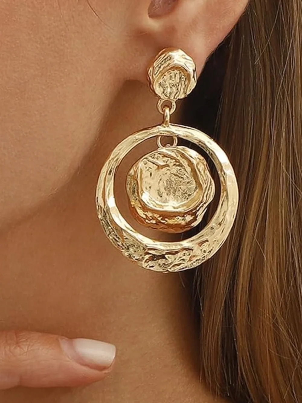 Zara Gold Textured Double Circle Drop Earrings